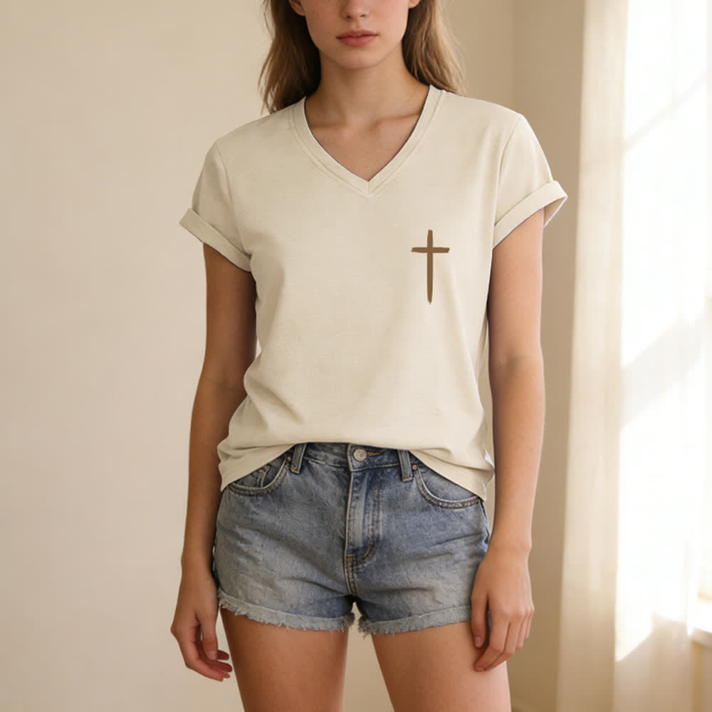 Christianartworkshop Dual-Side Cross With God All Things Are Possible Matthew 19:26 Letter Print Casual V-neck T-shirt - image 9