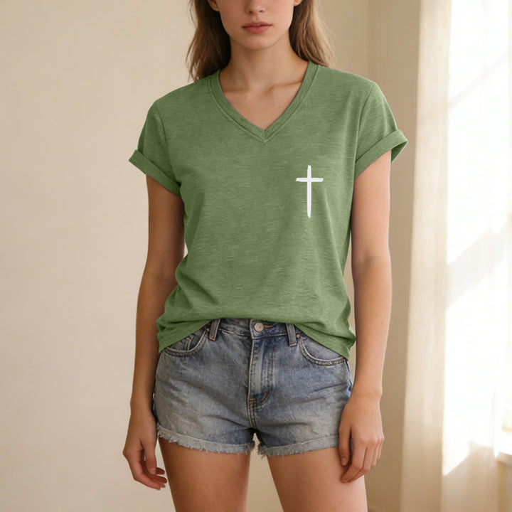 Christianartworkshop Dual-Side Cross With God All Things Are Possible Matthew 19:26 Letter Print Casual V-neck T-shirt - image 24