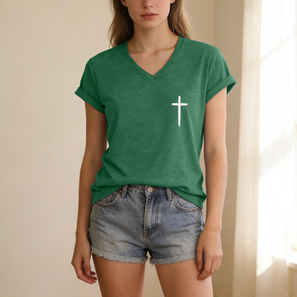 Christianartworkshop Dual-Side Cross With God All Things Are Possible Matthew 19:26 Letter Print Casual V-neck T-shirt - image 29