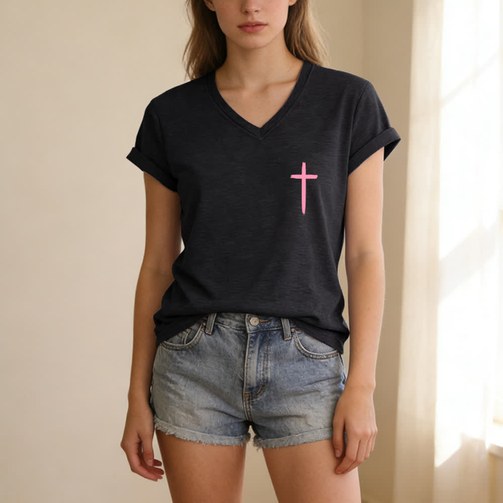 Christianartworkshop Dual-Side Cross With God All Things Are Possible Matthew 19:26 Letter Print Casual V-neck T-shirt - image 34