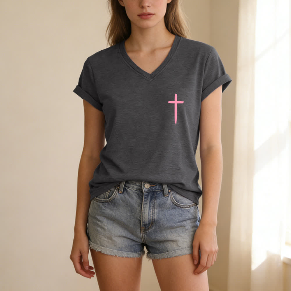 Christianartworkshop Dual-Side Cross With God All Things Are Possible Matthew 19:26 Letter Print Casual V-neck T-shirt - image 19