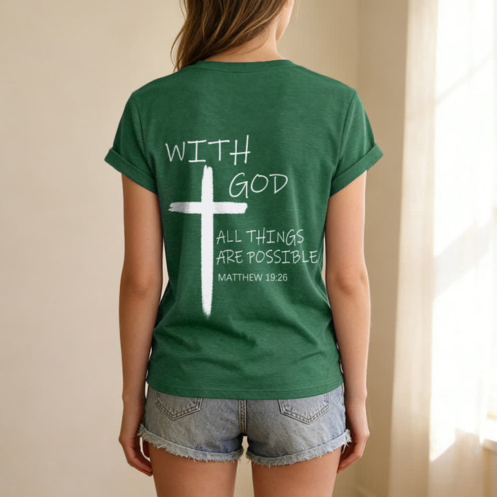 Christianartworkshop Dual-Side Cross With God All Things Are Possible Matthew 19:26 Letter Print Casual V-neck T-shirt - image 28