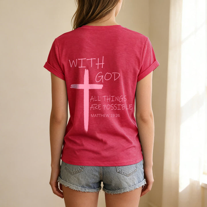 Christianartworkshop Dual-Side Cross With God All Things Are Possible Matthew 19:26 Letter Print Casual V-neck T-shirt - image 38