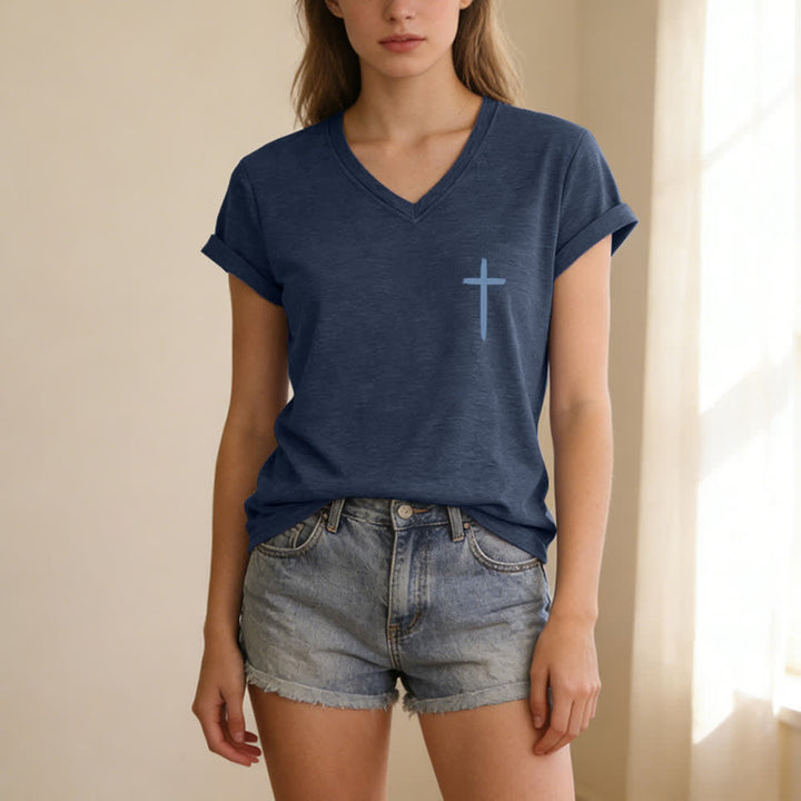 Christianartworkshop Dual-Side Cross With God All Things Are Possible Matthew 19:26 Letter Print Casual V-neck T-shirt - image 4