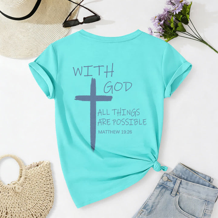 Christianartworkshop Dual-Side Cross With God All Things Are Possible Matthew 19:26 Letter Print Casual V-neck T-shirt - image 51