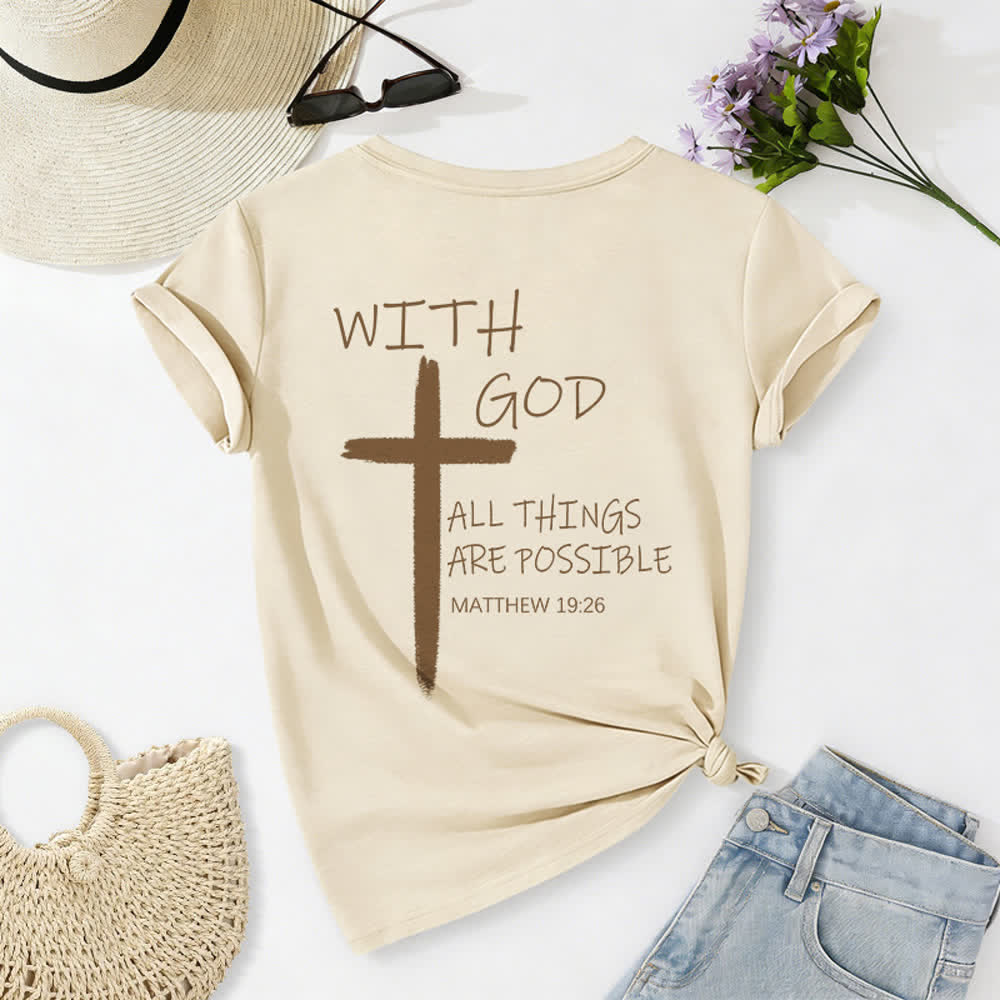 Christianartworkshop Dual-Side Cross With God All Things Are Possible Matthew 19:26 Letter Print Casual V-neck T-shirt - image 6