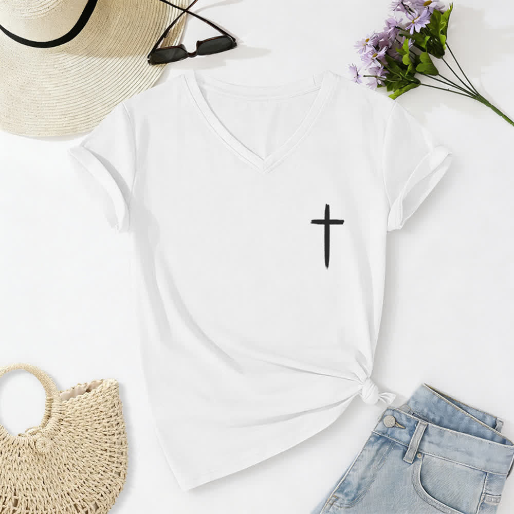 Christianartworkshop Dual-Side Cross With God All Things Are Possible Matthew 19:26 Letter Print Casual V-neck T-shirt - image 12