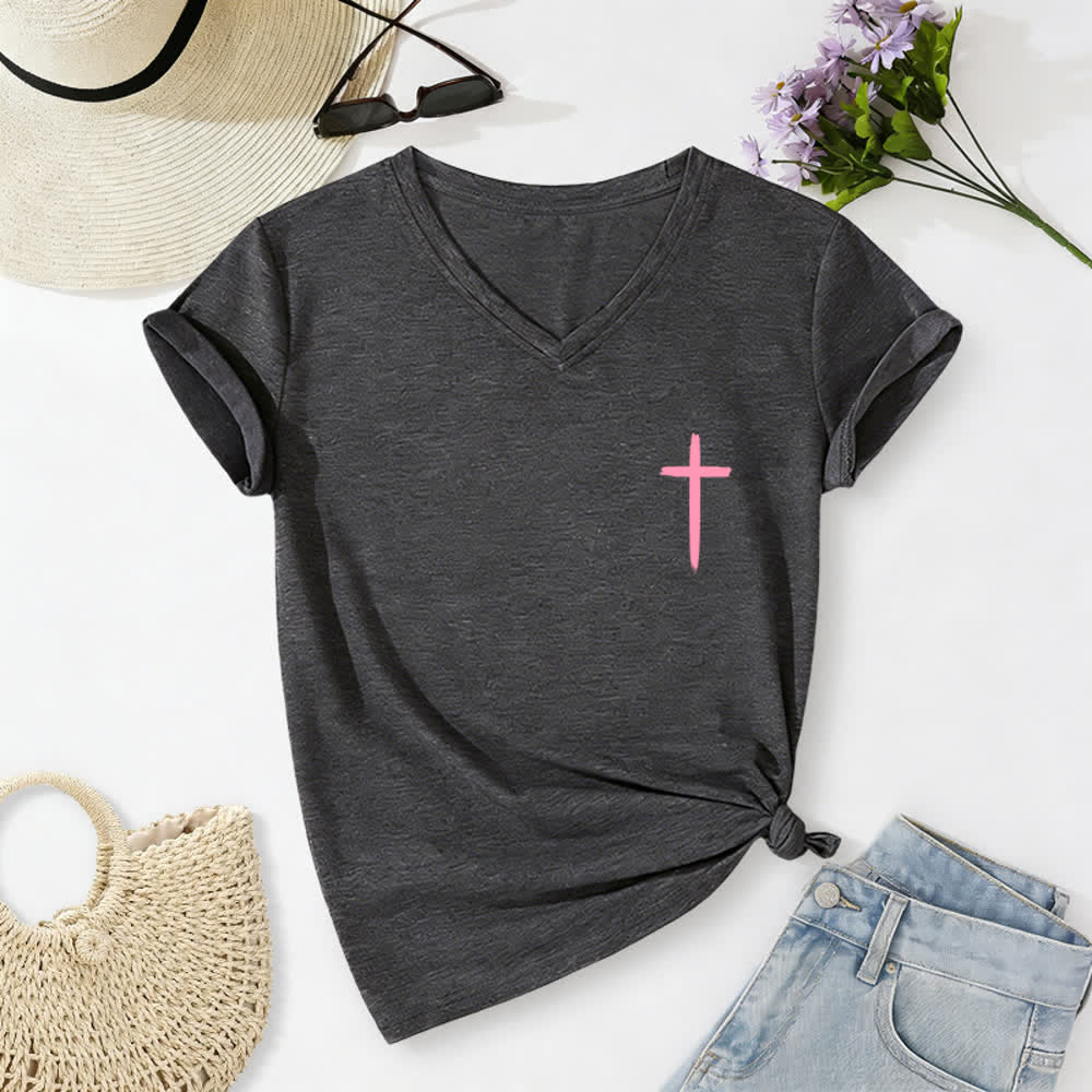 Christianartworkshop Dual-Side Cross With God All Things Are Possible Matthew 19:26 Letter Print Casual V-neck T-shirt - image 17