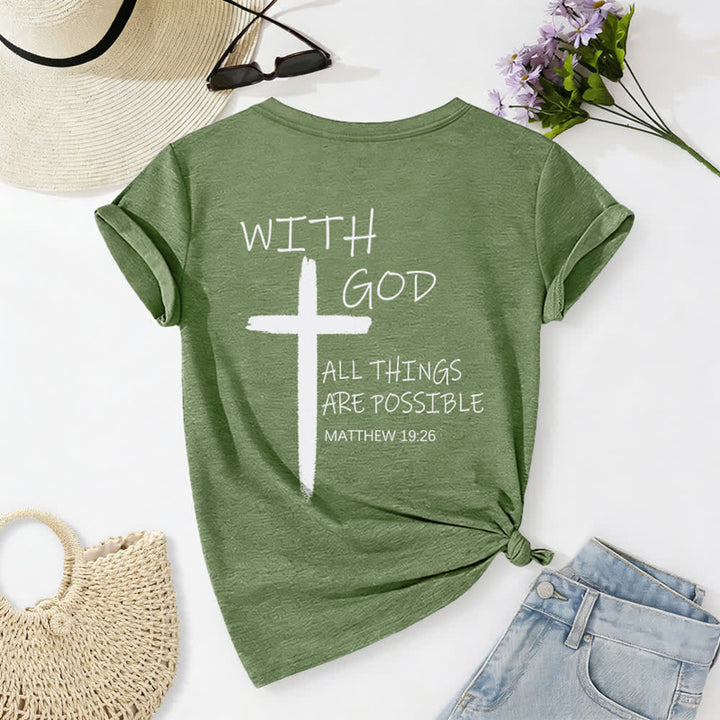 Christianartworkshop Dual-Side Cross With God All Things Are Possible Matthew 19:26 Letter Print Casual V-neck T-shirt - image 21