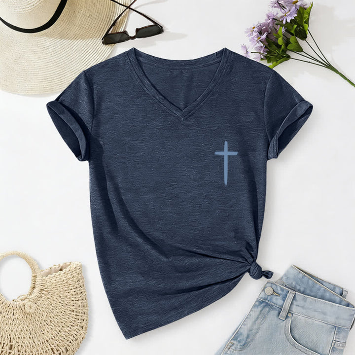 Christianartworkshop Dual-Side Cross With God All Things Are Possible Matthew 19:26 Letter Print Casual V-neck T-shirt - image 2