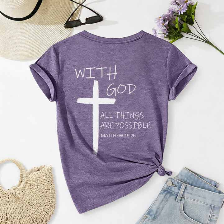 Christianartworkshop Dual-Side Cross With God All Things Are Possible Matthew 19:26 Letter Print Casual V-neck T-shirt - image 41