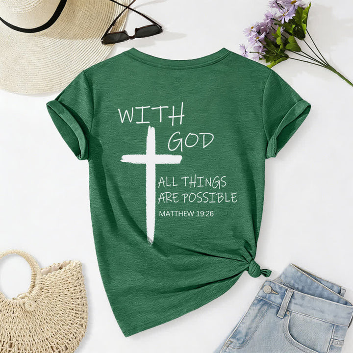 Christianartworkshop Dual-Side Cross With God All Things Are Possible Matthew 19:26 Letter Print Casual V-neck T-shirt - image 26