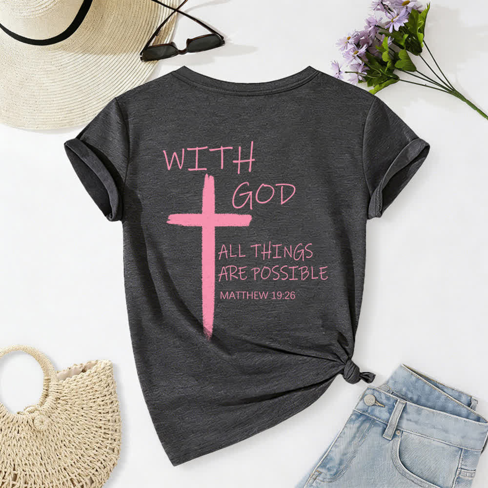 Christianartworkshop Dual-Side Cross With God All Things Are Possible Matthew 19:26 Letter Print Casual V-neck T-shirt - image 16