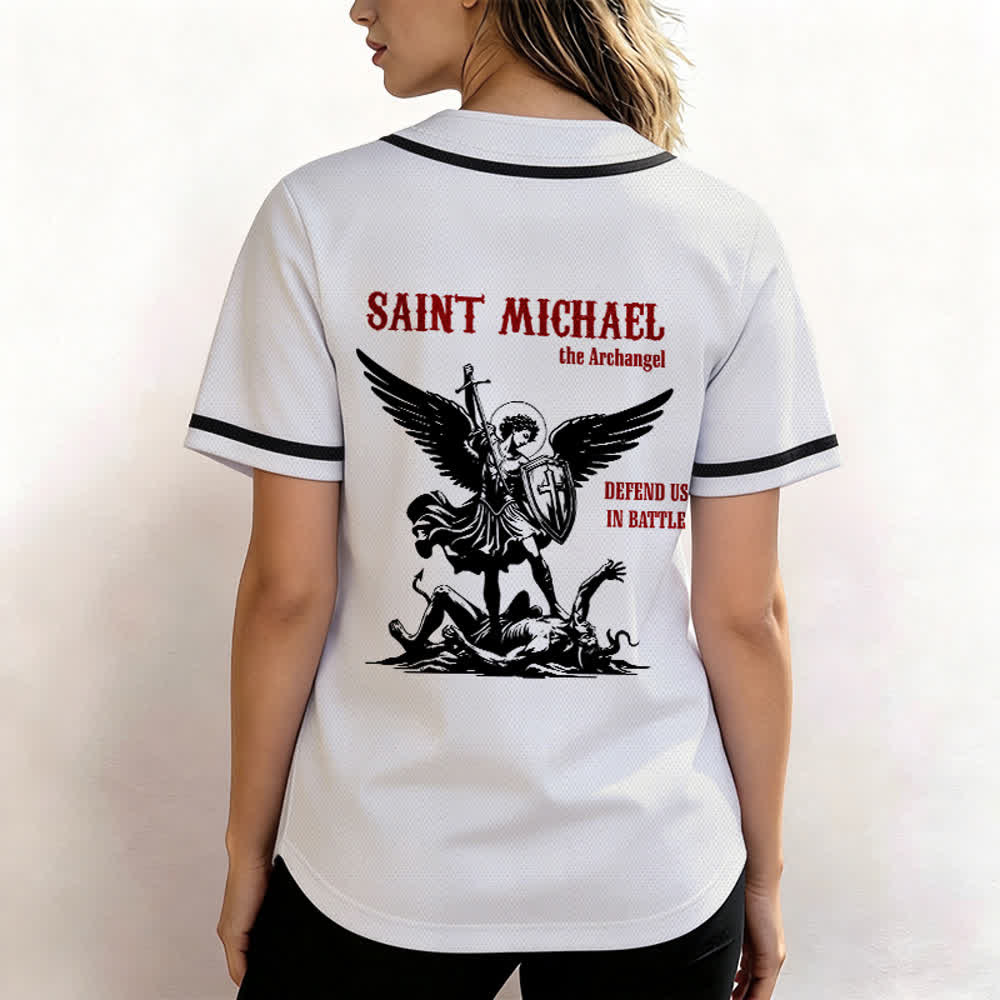 Christianartworkshop St.Michael Archangel Defend Us Unisex Baseball Jersey - image 3