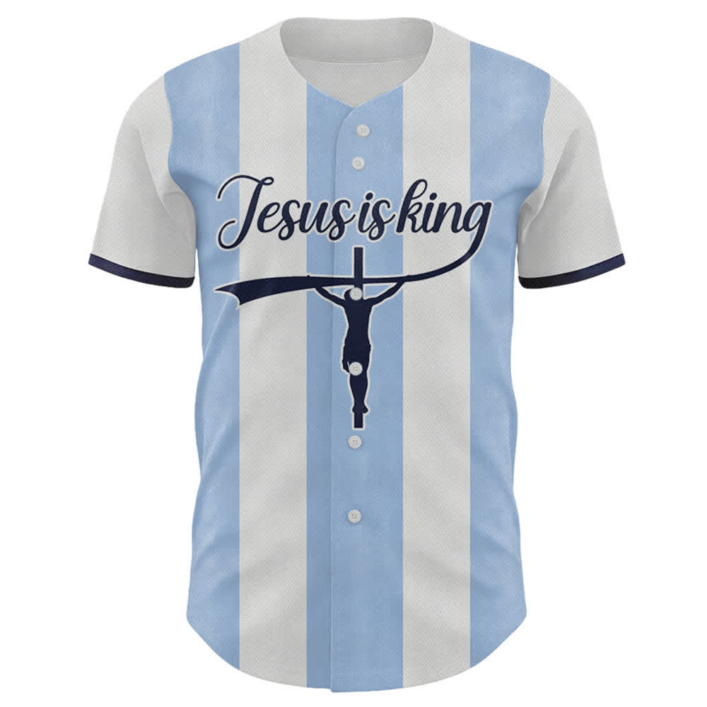 Christianartworkshop Custom Name Number "Jesus Is King" Cross Print Striped Baseball Jersey - image 1