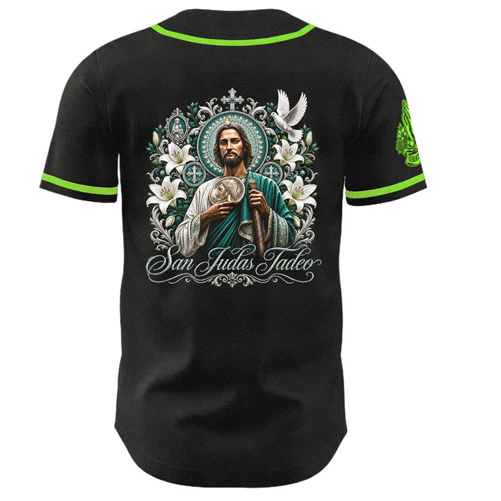 Christianartworkshop Front Vertical San Juditas Rosary Saint Graphic Back Lily Dove Saint Portrait Button-Up Baseball Jersey - image 2