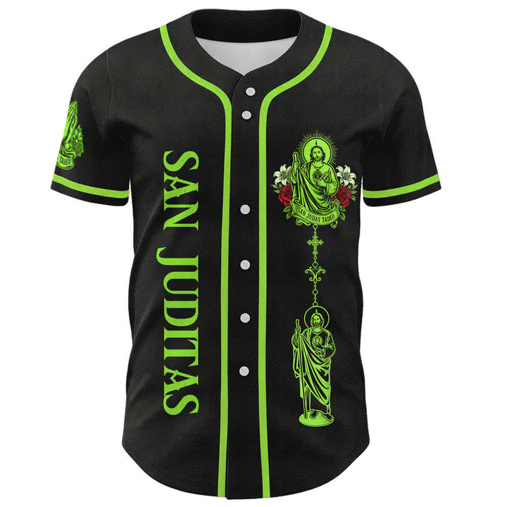 Christianartworkshop Front Vertical San Juditas Rosary Saint Graphic Back Lily Dove Saint Portrait Button-Up Baseball Jersey - image 1