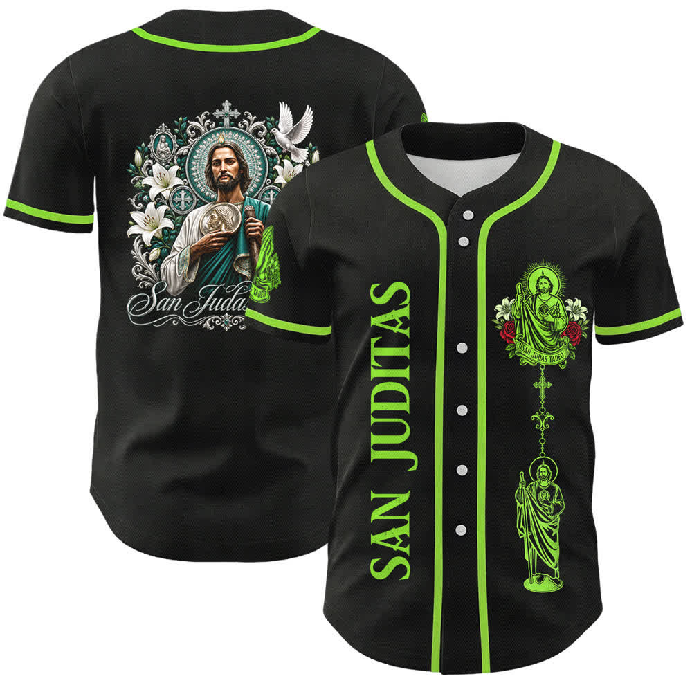 Christianartworkshop Front Vertical San Juditas Rosary Saint Graphic Back Lily Dove Saint Portrait Button-Up Baseball Jersey - Black - Green - 5XL - image 0