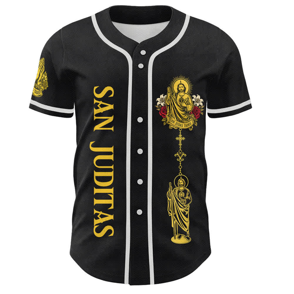Christianartworkshop Front Vertical San Juditas Rosary Saint Graphic Back Lily Dove Saint Portrait Button-Up Baseball Jersey - image 7
