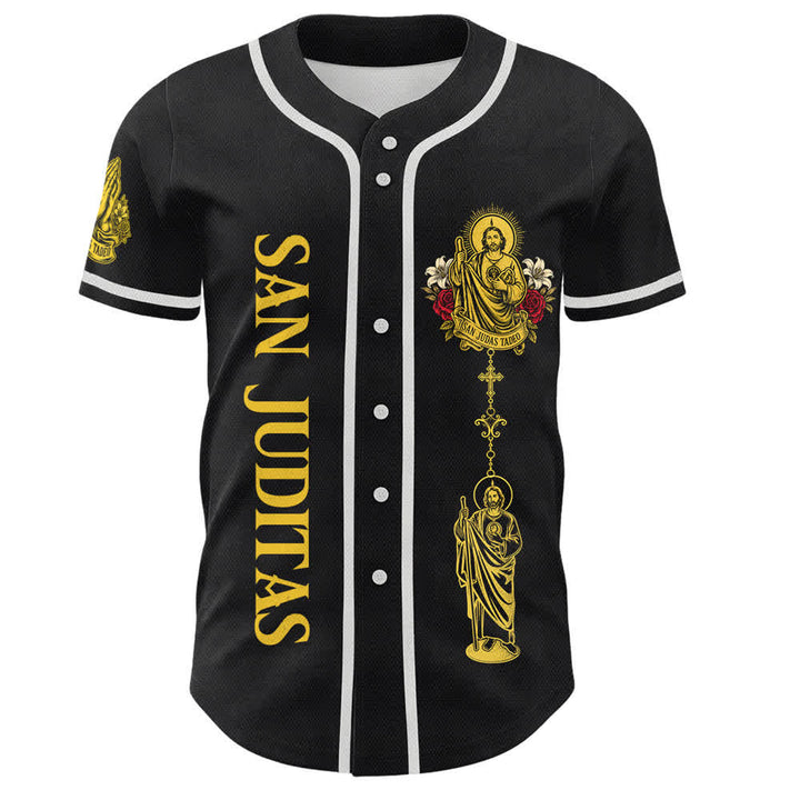 Christianartworkshop Front Vertical San Juditas Rosary Saint Graphic Back Lily Dove Saint Portrait Button-Up Baseball Jersey - image 7