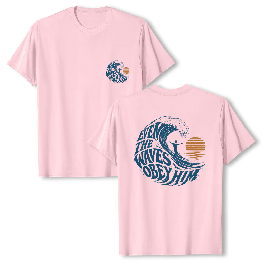 Christianartworkshop Even The Waves Obey Him Double-Side Wave Graphic Classic T-shirt - Pink - 2XL - image 6