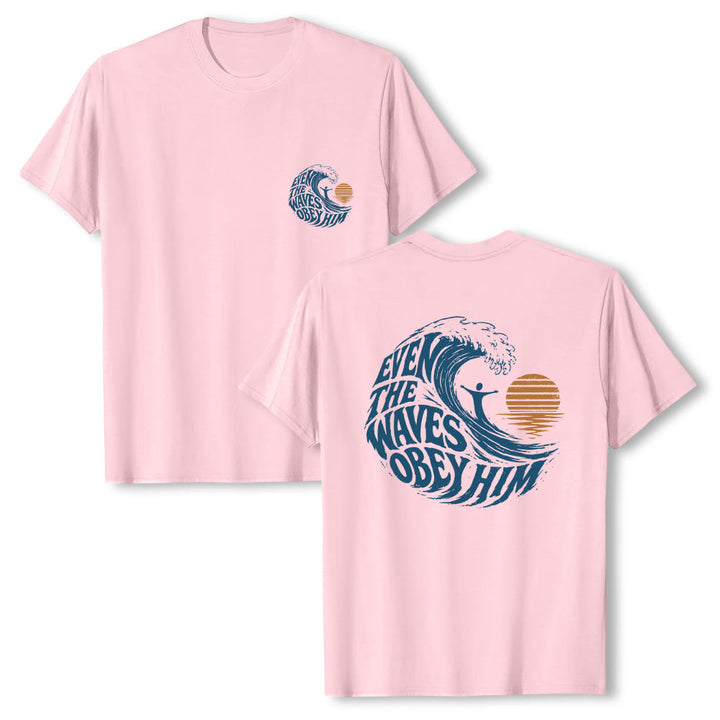 Christianartworkshop Even The Waves Obey Him Double-Side Wave Graphic Classic T-shirt - Pink - 2XL - image 6