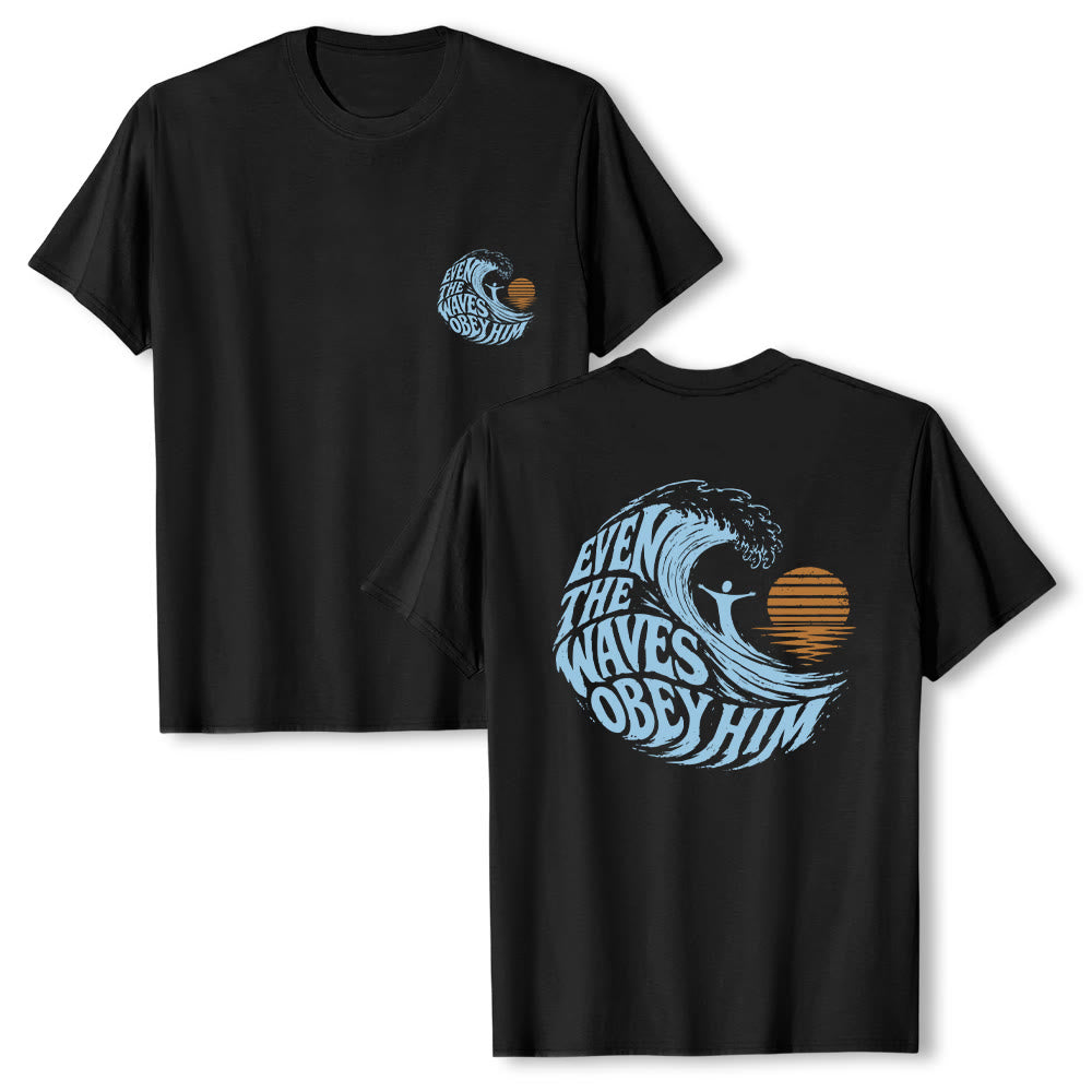 Christianartworkshop Even The Waves Obey Him Double-Side Wave Graphic Classic T-shirt - Black - 2XL - image 18
