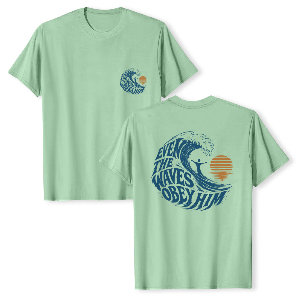Christianartworkshop Even The Waves Obey Him Double-Side Wave Graphic Classic T-shirt - Light Green - 2XL - image 24