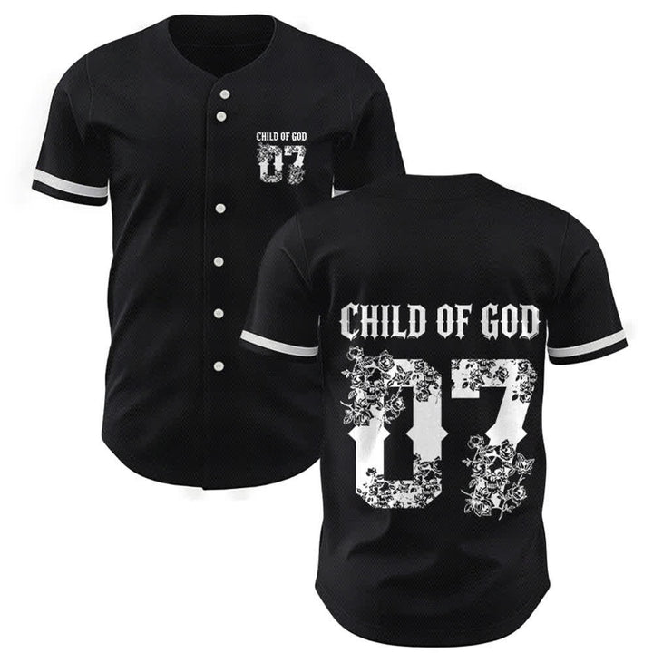 Christianartworkshop "Child Of God" Floral Filled Number 07 Button-Up Baseball Jersey - Black - 5XL - image 0