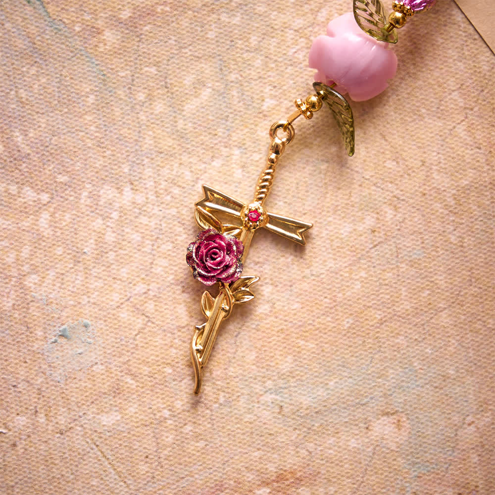 Christianartworkshop Pink & Green Crackle Faceted Glass Bead Rose Floral Our Lady Cross Rosary - image 5