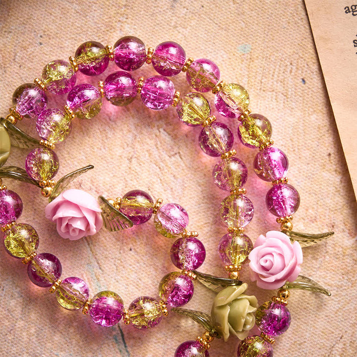 Christianartworkshop Pink & Green Crackle Faceted Glass Bead Rose Floral Our Lady Cross Rosary - image 7