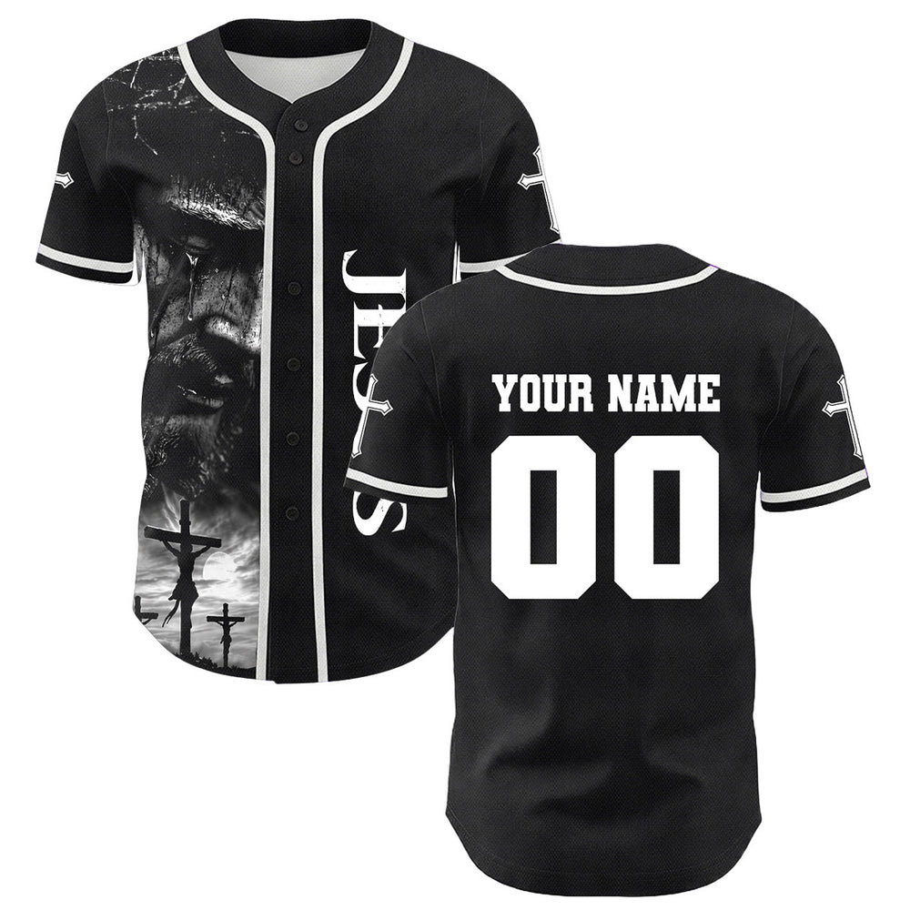 Christianartworkshop Jesus Crucifixion Custom Name Number Cross Sleeve Unisex Baseball Jersey - image 1