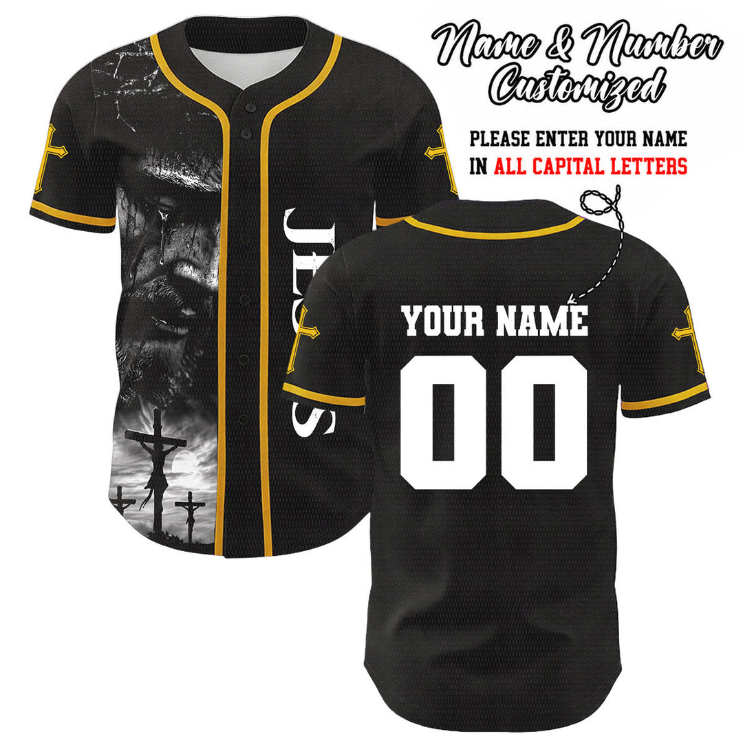 Christianartworkshop Jesus Crucifixion Custom Name Number Cross Sleeve Unisex Baseball Jersey - Yellow - 5XL - image 8