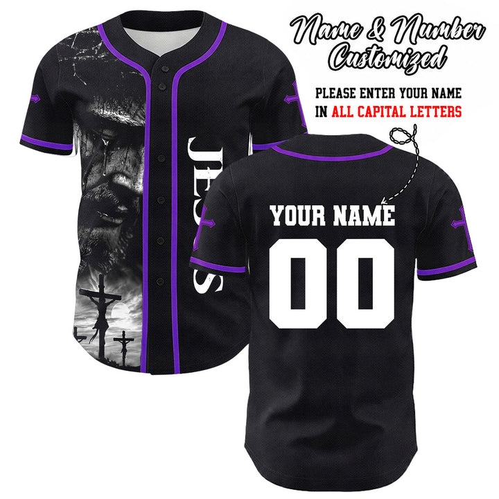 Christianartworkshop Jesus Crucifixion Custom Name Number Cross Sleeve Unisex Baseball Jersey - Purple - 5XL - image 28