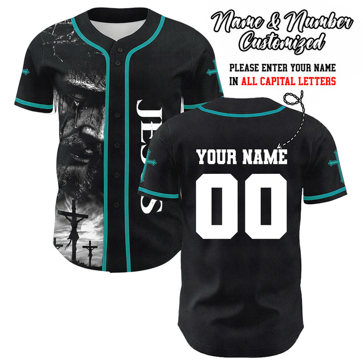 Christianartworkshop Jesus Crucifixion Custom Name Number Cross Sleeve Unisex Baseball Jersey - Dark Green - 5XL - image 32