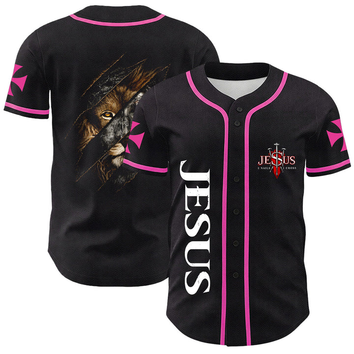 Christianartworkshop Jesus Lion Of Judah Torn Scratch 3 Nails Cross Unisex Baseball Jersey - Pink - 5XL - image 12