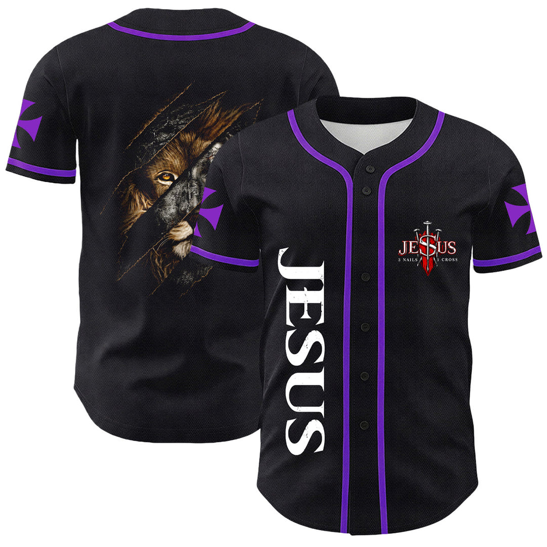 Christianartworkshop Jesus Lion Of Judah Torn Scratch 3 Nails Cross Unisex Baseball Jersey - Purple - 5XL - image 21