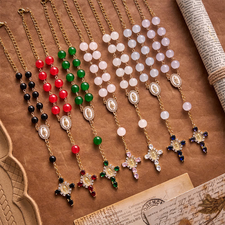 Christianartworkshop Multi-Color Stained Glass Pocket Car Rosary With Jeweled Our Lady of Guadalupe Cross - image 1