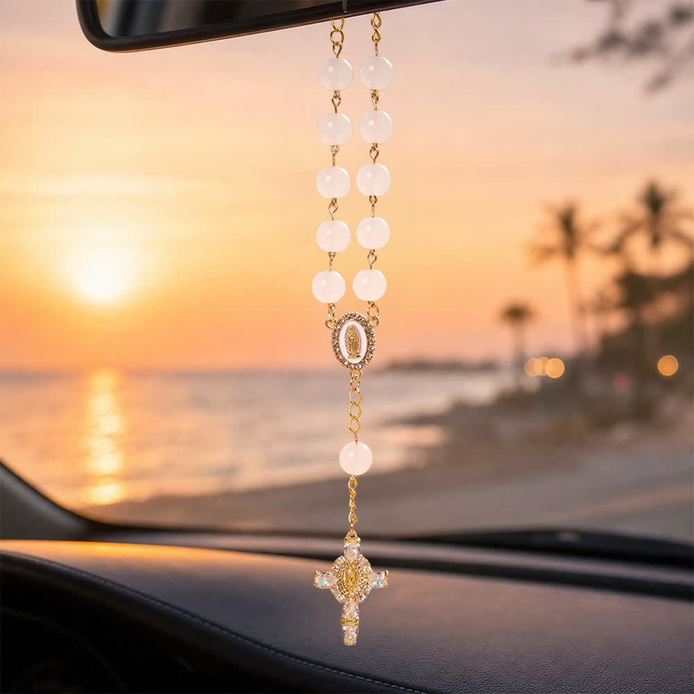 Christianartworkshop Multi-Color Stained Glass Pocket Car Rosary With Jeweled Our Lady of Guadalupe Cross - White - image 22