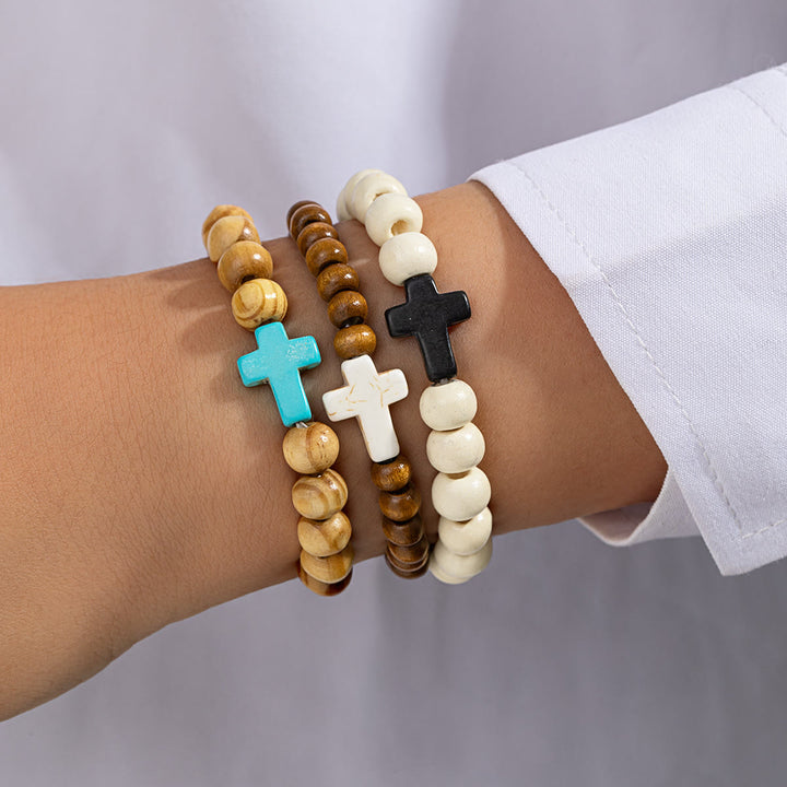 Christianartworkshop Natural Wooden Bead Cross Stretch Bracelet: Emblem of Stable Heavenly Shelter - C - image 2