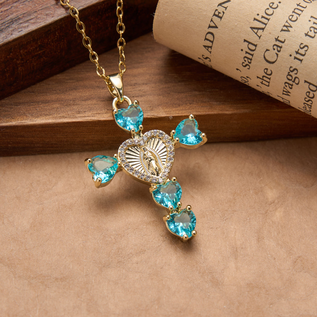 Christianartworkshop Heart Gem Virgin Mary Cross Pendant Necklace: Emblem of Tender Heavenly Blessing - Light Blue - image 2