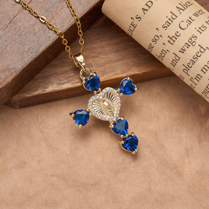 Christianartworkshop Heart Gem Virgin Mary Cross Pendant Necklace: Emblem of Tender Heavenly Blessing - Dark Blue - image 4