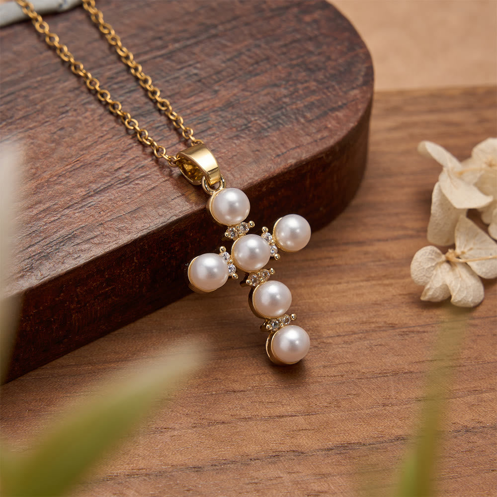 Christianartworkshop Lustrous Pearl Inlaid Diamond Cross Pendant Necklace: Emblem of Pure Heavenly Serenity - image 1