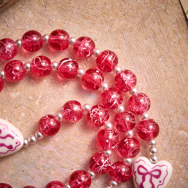 Christianartworkshop Pink Crackle Glass Rosary With Ceramic Heart Bow Beads & Our Lady Medal - image 8