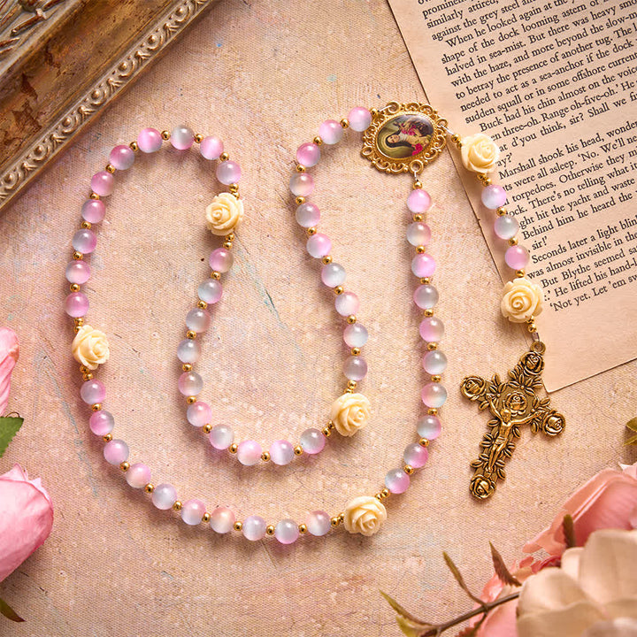 Christianartworkshop Dreamy Gradient Stained Glass Rose Rosary With St.Theresa Medallion - image 4
