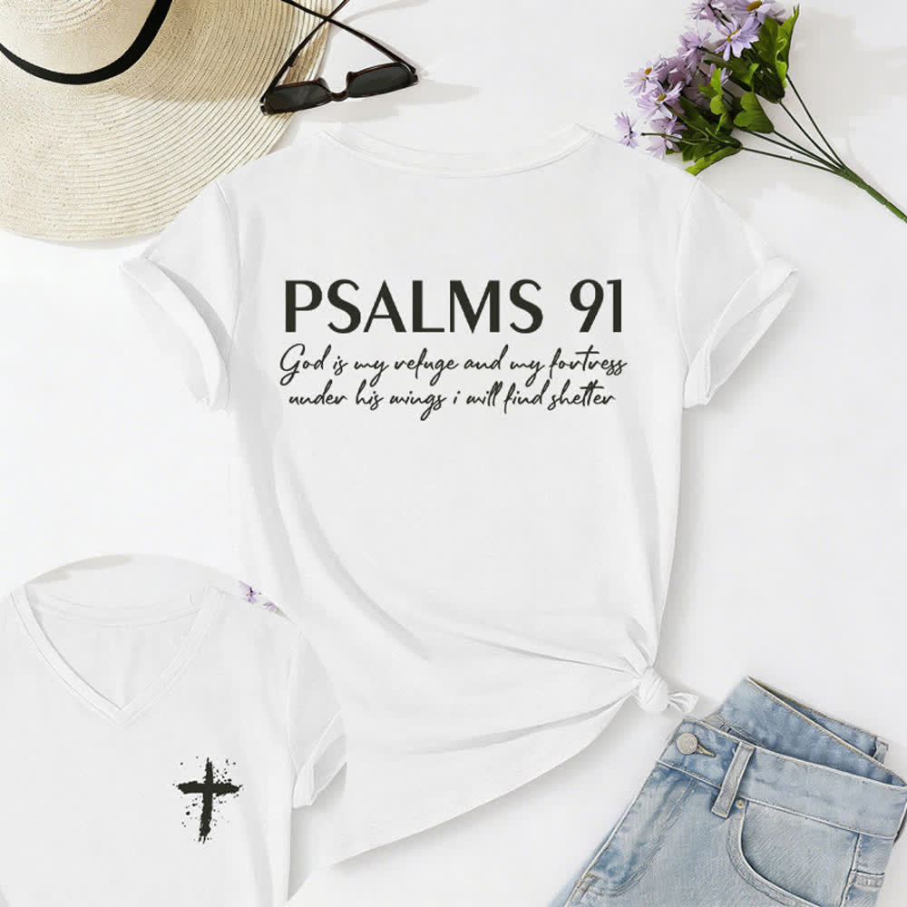 Christianartworkshop Psalms 91 Distressed Cross Knotted Hem Women's V Neck Tee - White - 2XL - image 5