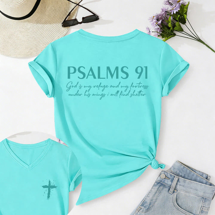 Christianartworkshop Psalms 91 Distressed Cross Knotted Hem Women's V Neck Tee - Blue - 2XL - image 50