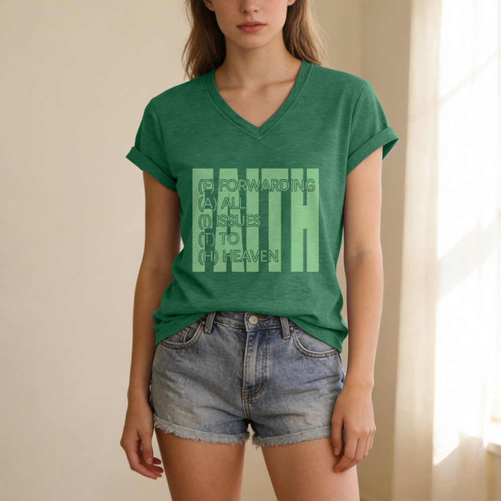 Christianartworkshop Faith Block Print Rolled Sleeve Women’s V Neck Tee - image 5