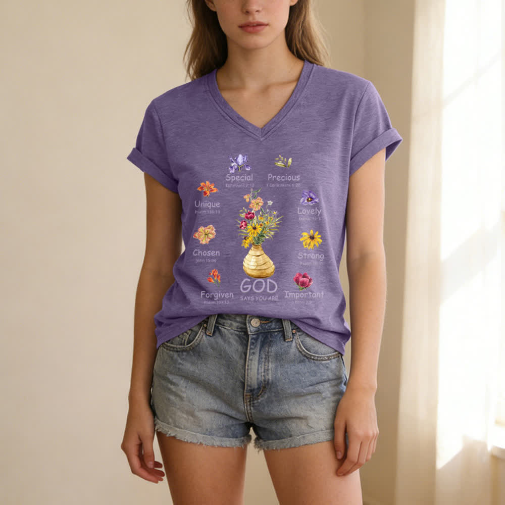 Christianartworkshop God Says You Are Floral Graphic Relaxed Womens V Neck Tee - image 13