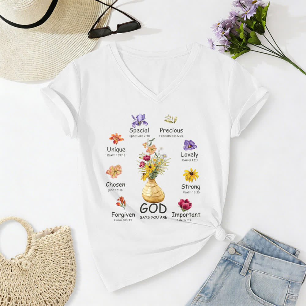 Christianartworkshop God Says You Are Floral Graphic Relaxed Womens V Neck Tee - White - 2XL - image 2